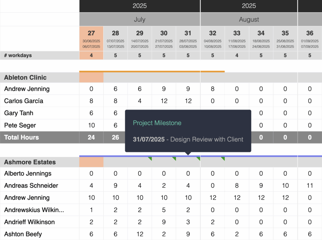 TeamBandit is a capacity sheet that lets you add milestones or key deliverables to the planning views.